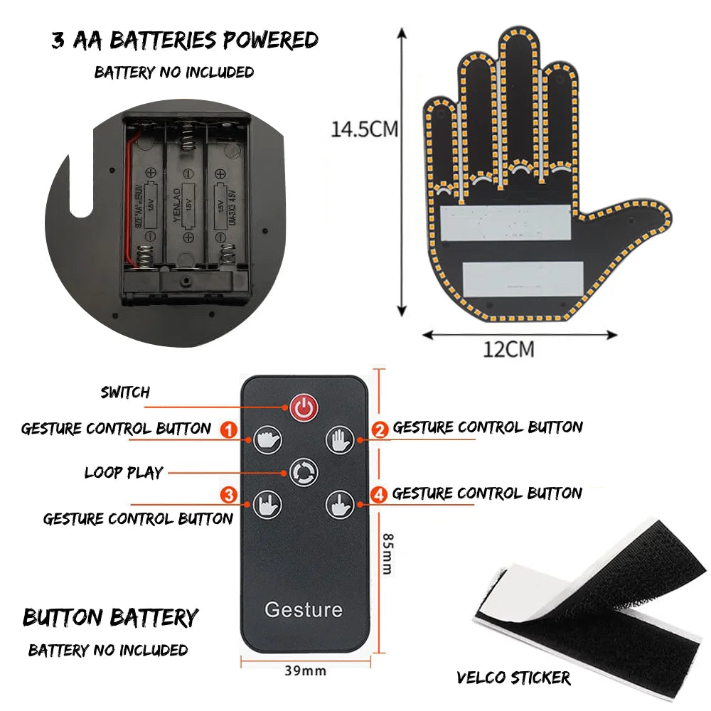4 Gesture Hand LED Indicator for Car Rear Window Middle Finger, with Remote